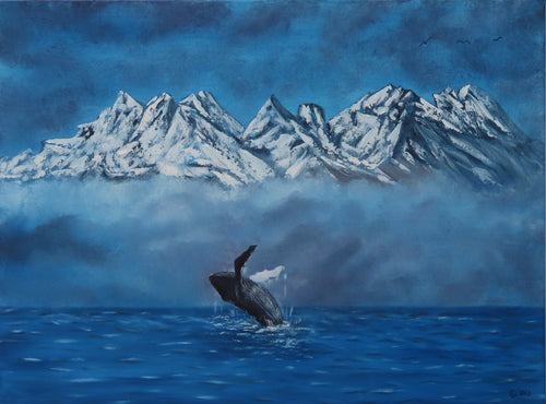 Original oil painting of Humpback whale breaches in front of misty mountains, unframed