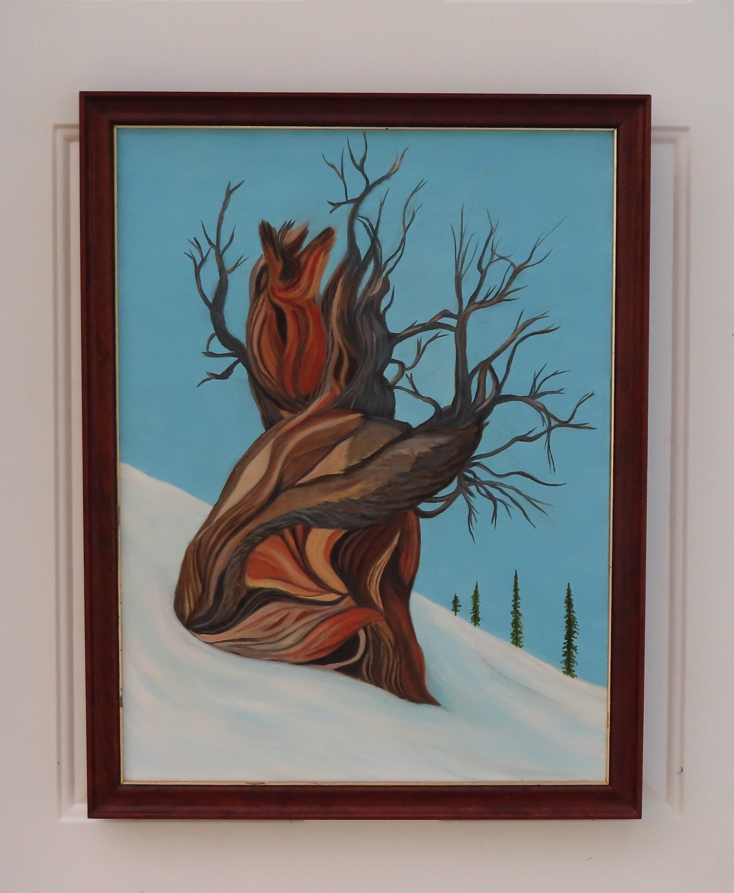 18x24" original oil painting of an ancient bristlecone pine tree on snowy mountainside, framed