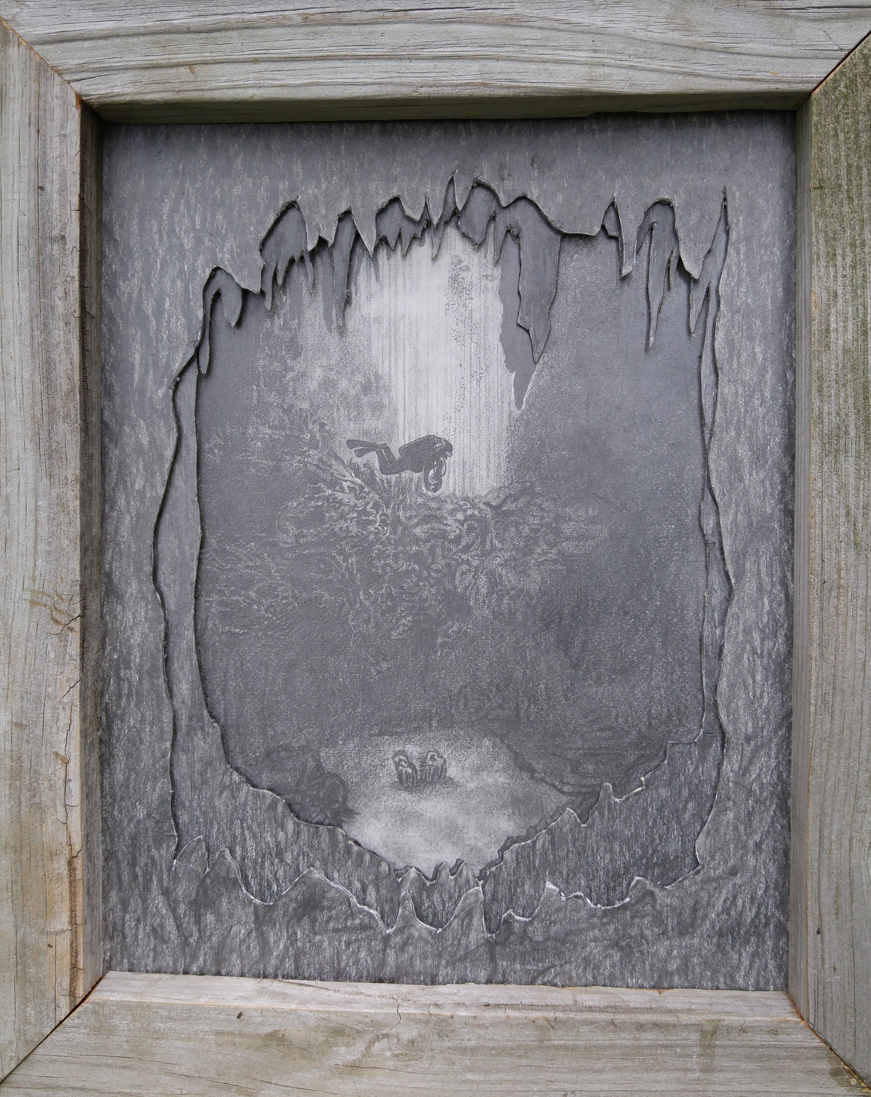 Original graphite drawing of cave diver in cenote, intricately cut matts, handmade wood frame