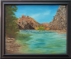 Original Oil Painting colorful river surrounded by mountains, framed in modern black