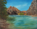 Original Oil Painting colorful river surrounded by mountains, unframed