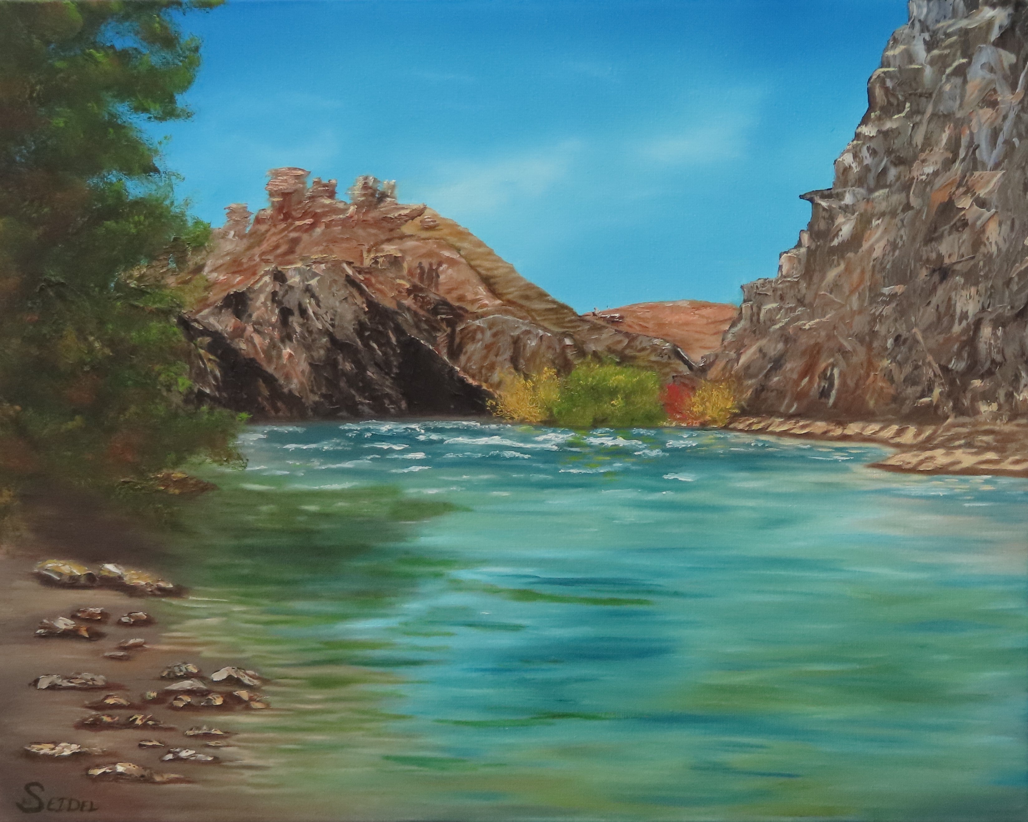 Original Oil Painting colorful river surrounded by mountains, unframed