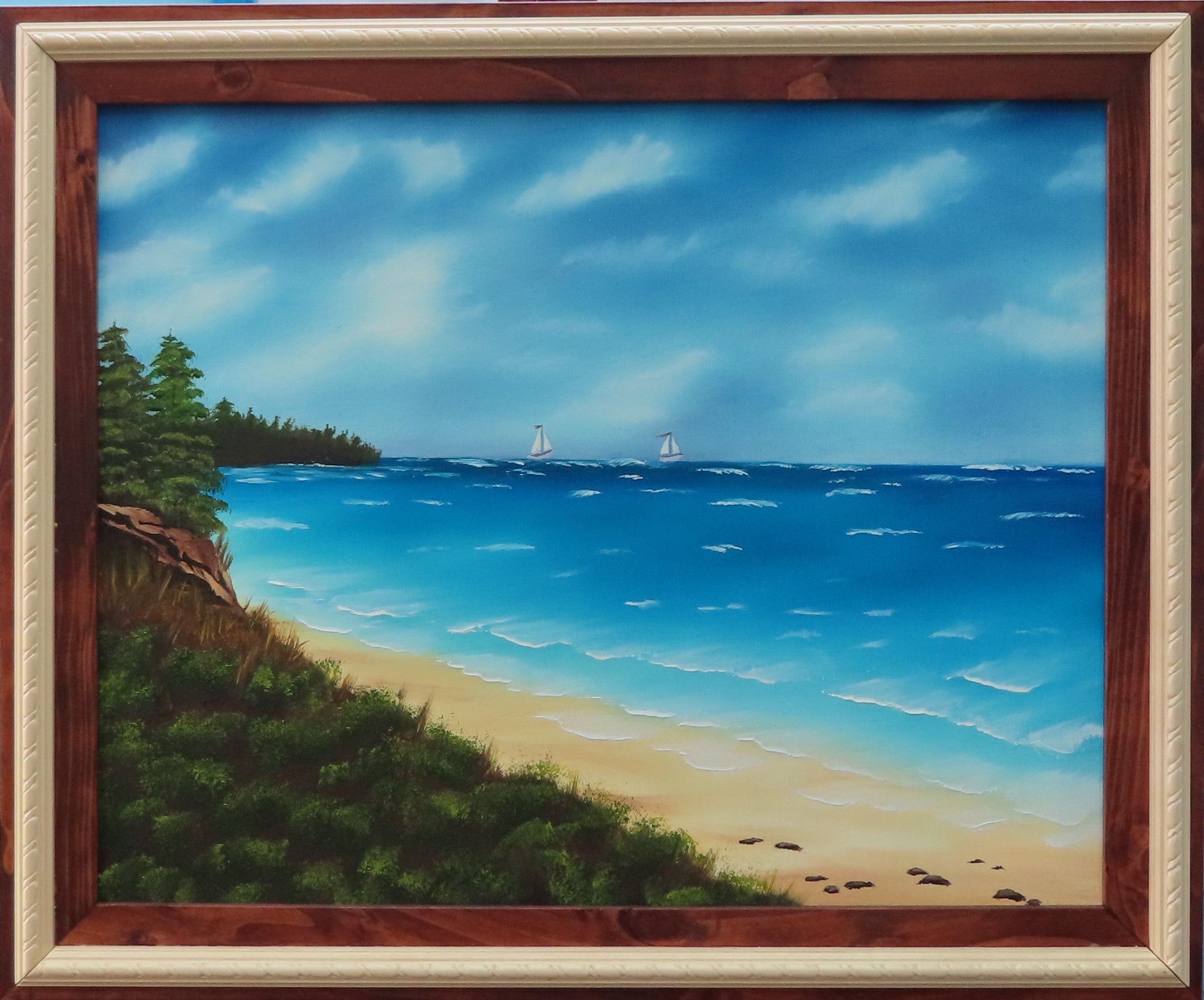 Costa Rica Framed, Original Oil Painting, beach ocean sailboats