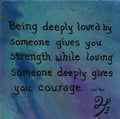 8x8" abstract painting on canvas with liquid acrylics, blues and purples with gold accent and inspirational quote