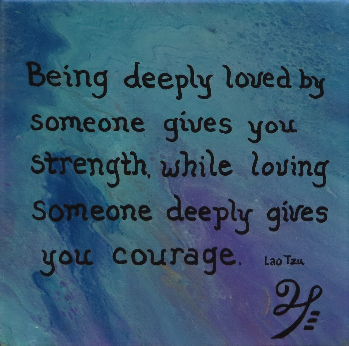 8x8" abstract painting on canvas with liquid acrylics, blues and purples with gold accent and inspirational quote