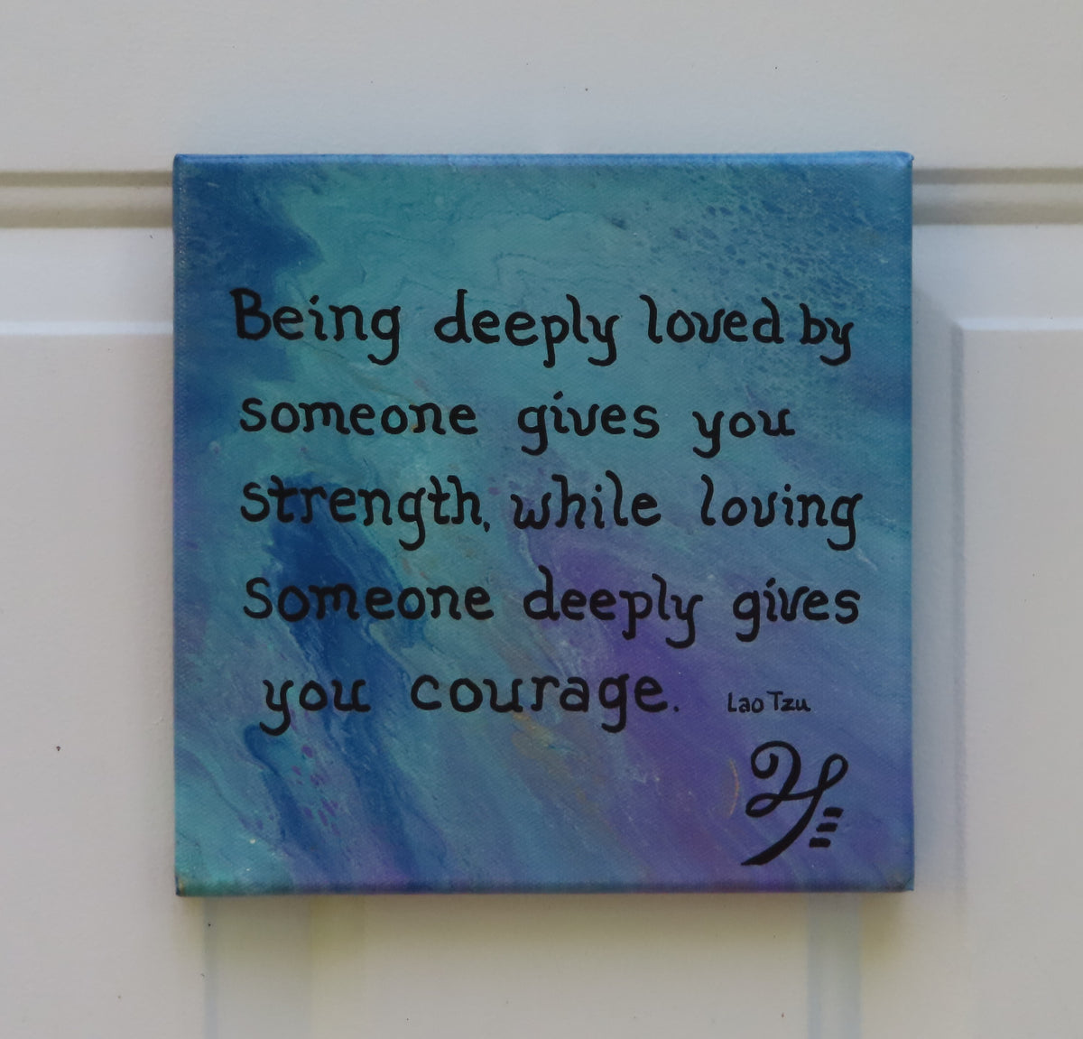 8x8" abstract painting on canvas with liquid acrylics, blues and purples with gold accent and inspirational quote