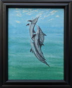 original 11x14 acrylic painting, dolphins swimming together to the surface of the ocean, framed