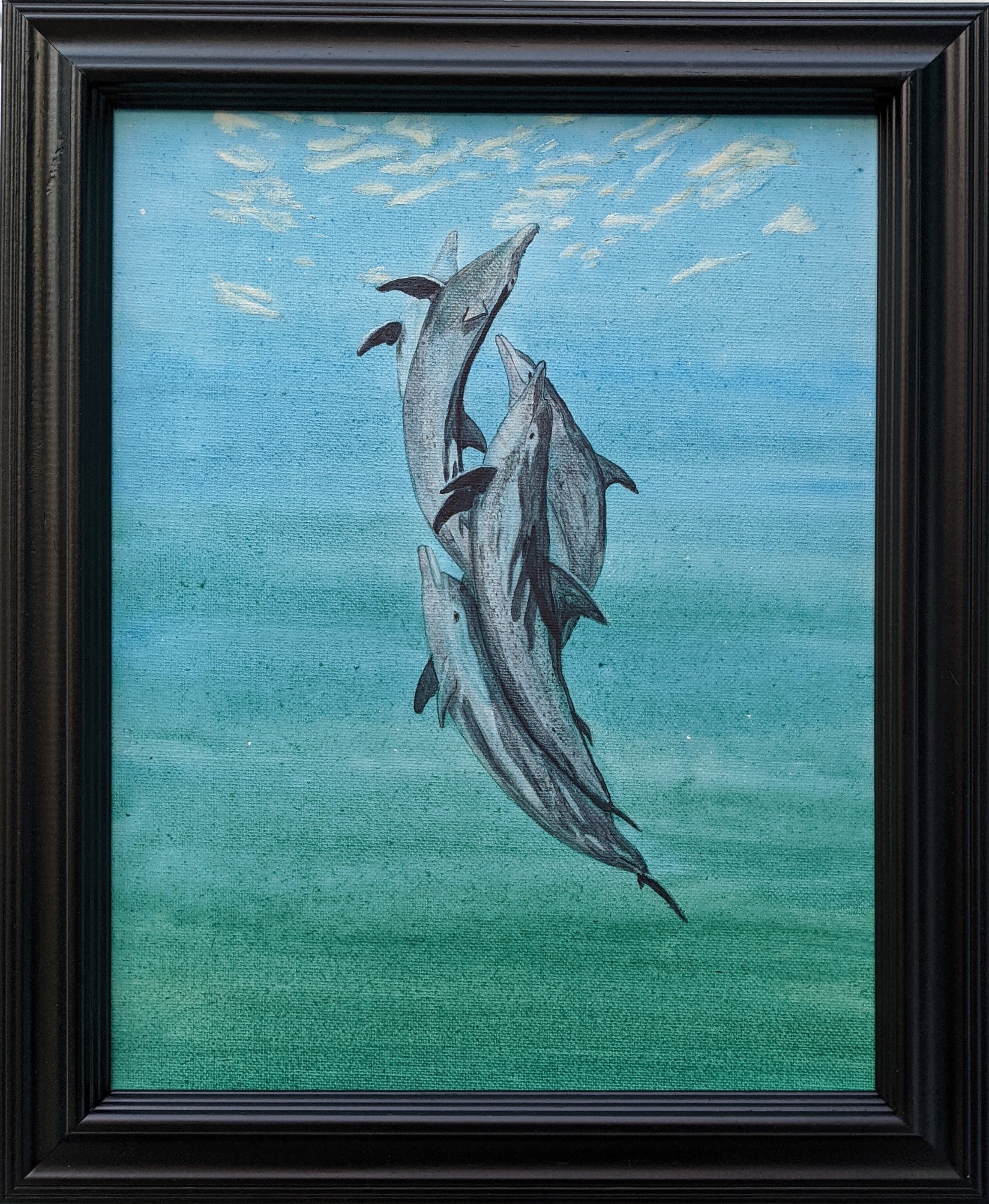 original 11x14 acrylic painting, dolphins swimming together to the surface of the ocean, framed