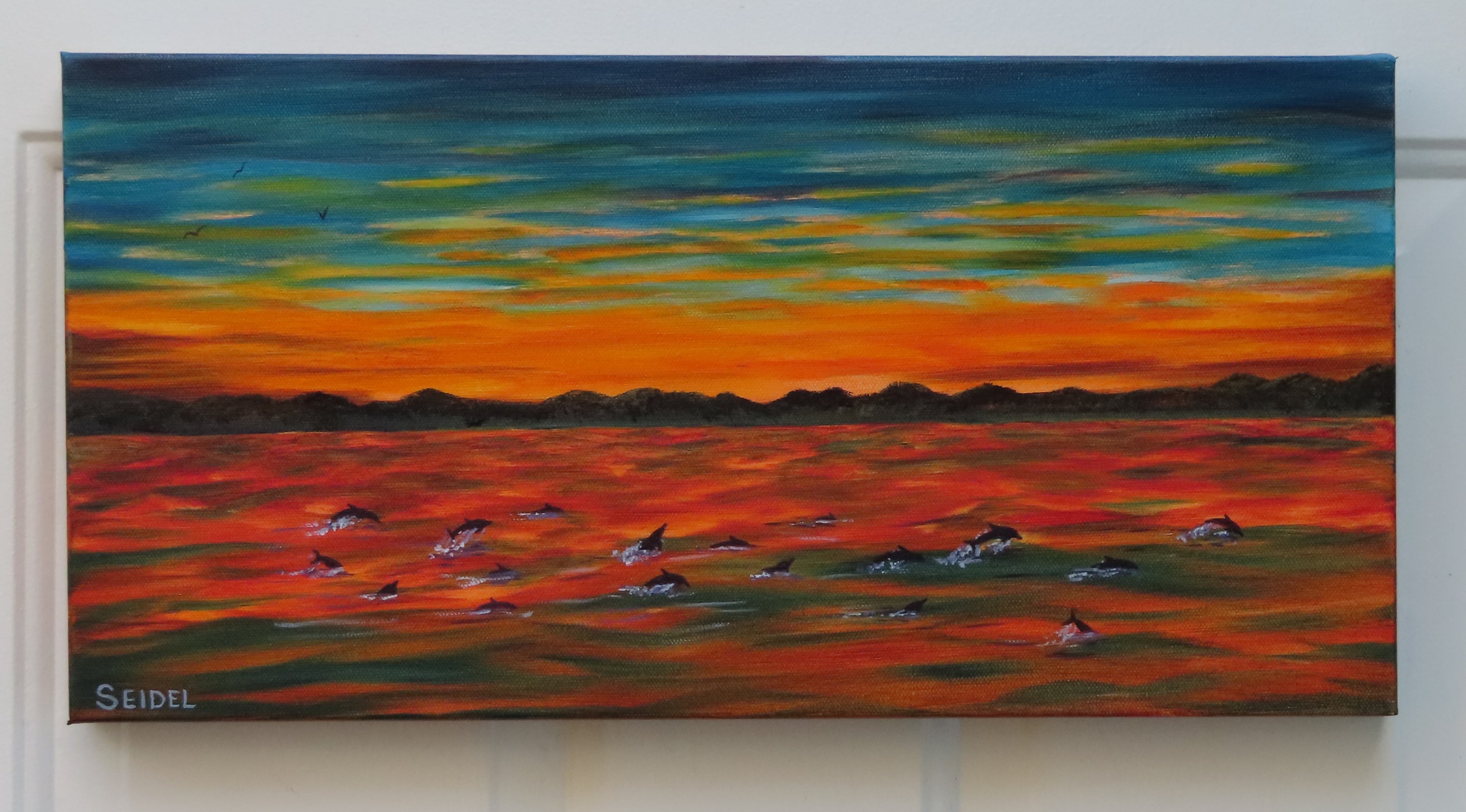 10x20" original oil painting of dolphin pod at sunset, deep cradle canvas, unframed