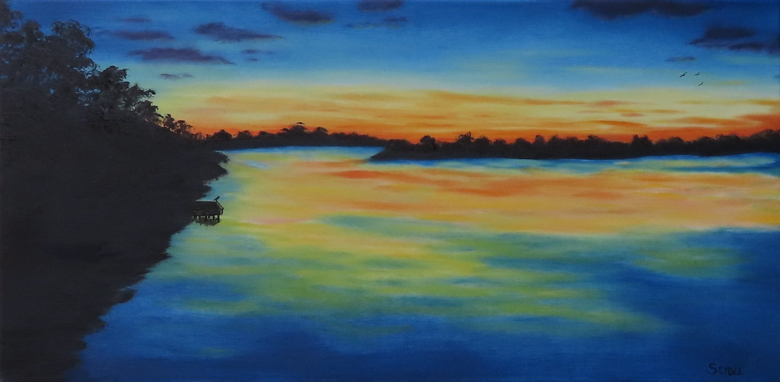 original oil paiinting, lovely pastel colored sunset and reflections in lake, unframed