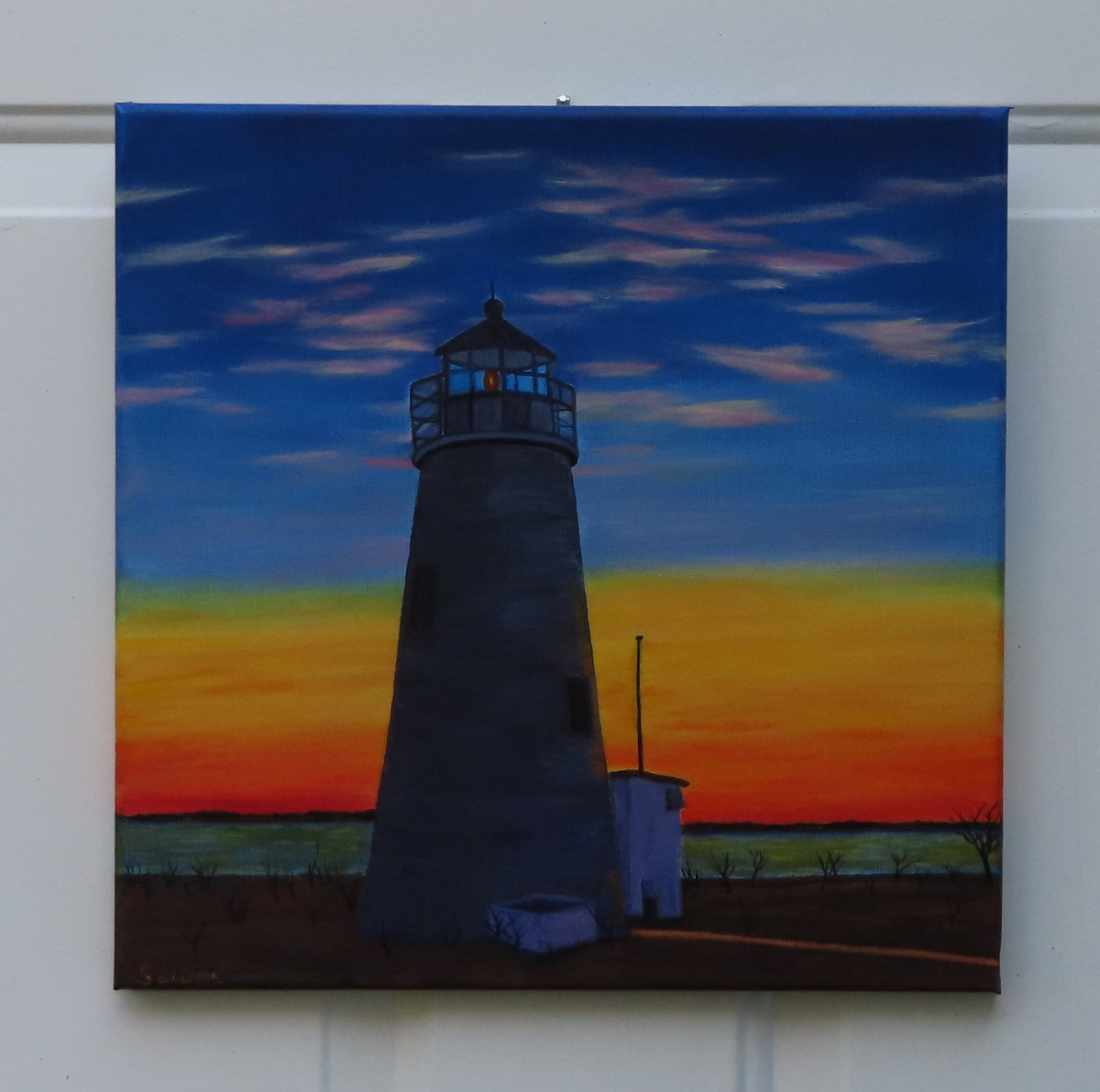 14x14" original oil painting, beautiful sunset, wispy clouds, ocean, lighthouse, unframed