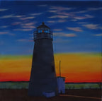 14x14" original oil painting, beautiful sunset, wispy clouds, ocean, lighthouse, unframed
