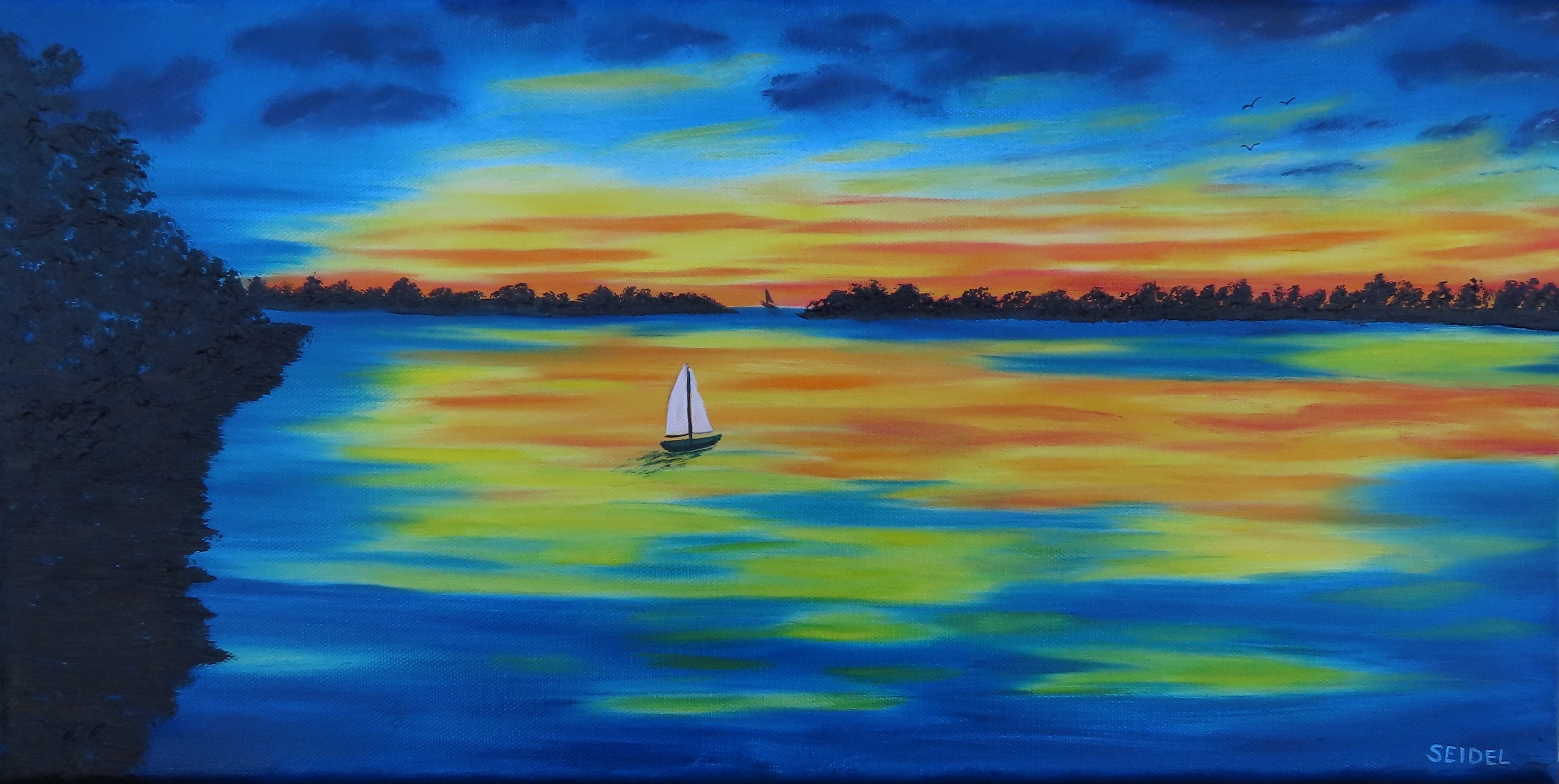 original 10x20 oil painting,colorful sunset and reflections, sailboats, unframed