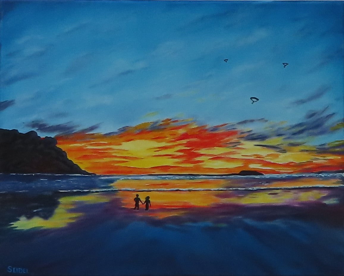 original oil painting, sunset sky reflected in ocean and sand, waves, romantic walk, paragliders, unframed
