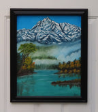 original oil painting, fog, lake, Denali mountains, framed