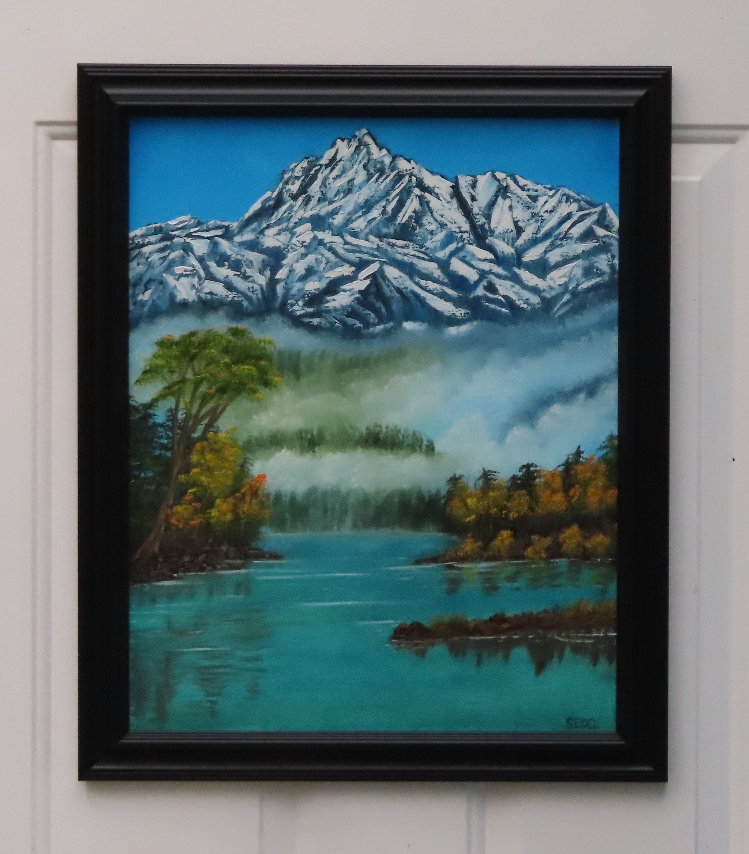 original oil painting, fog, lake, Denali mountains, framed