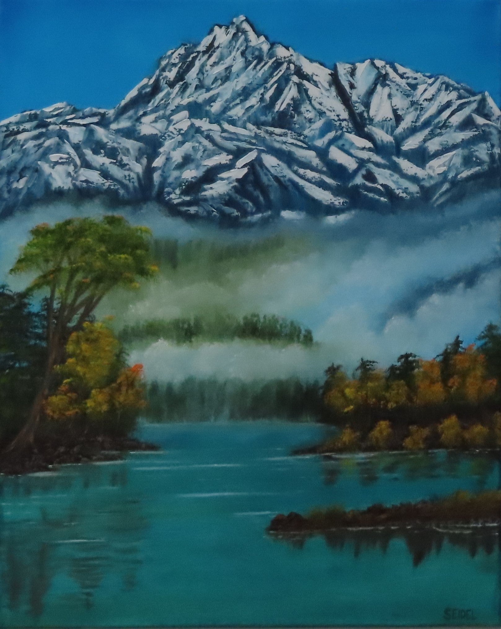 original oil painting, fog, lake, Denali mountains, 16 x 20 vertical, unframed