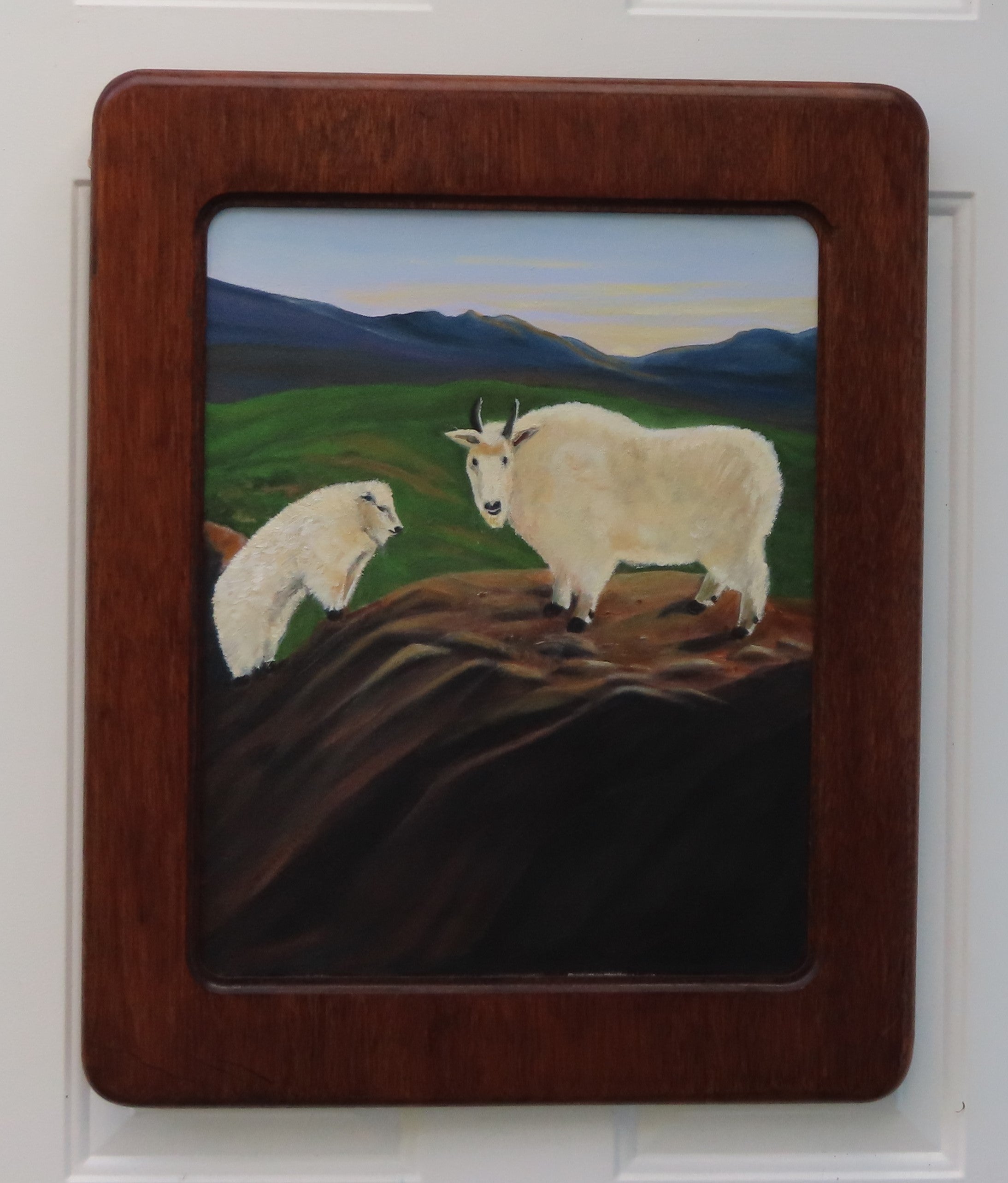 original 16x20 oil painting, two mountain goats, unusual frame