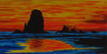 7x14" original acrylic painting of a brilliant sunset on ocean with large silhoutted sea stacks