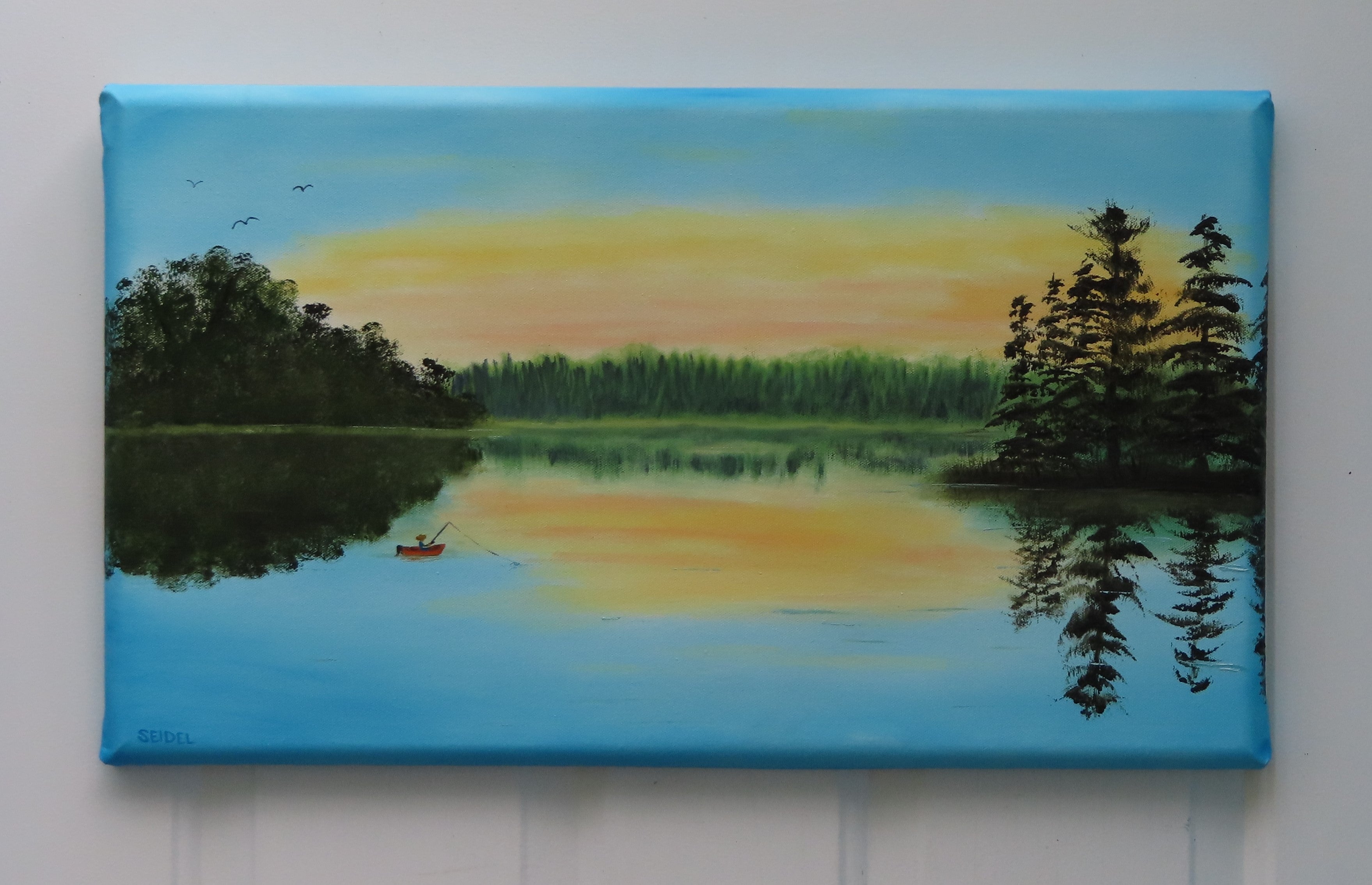 original oil painting on specialty deep cradle canvas, misty lake scene at dawn, fisherman