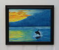 original oil painting, dawn , fog, ocean, whale beaching, framed