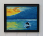 original oil painting, dawn , fog, ocean, whale beaching, framed