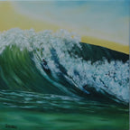 12x12" original oil painting, two surfers on large wave in Hawaii, unframed