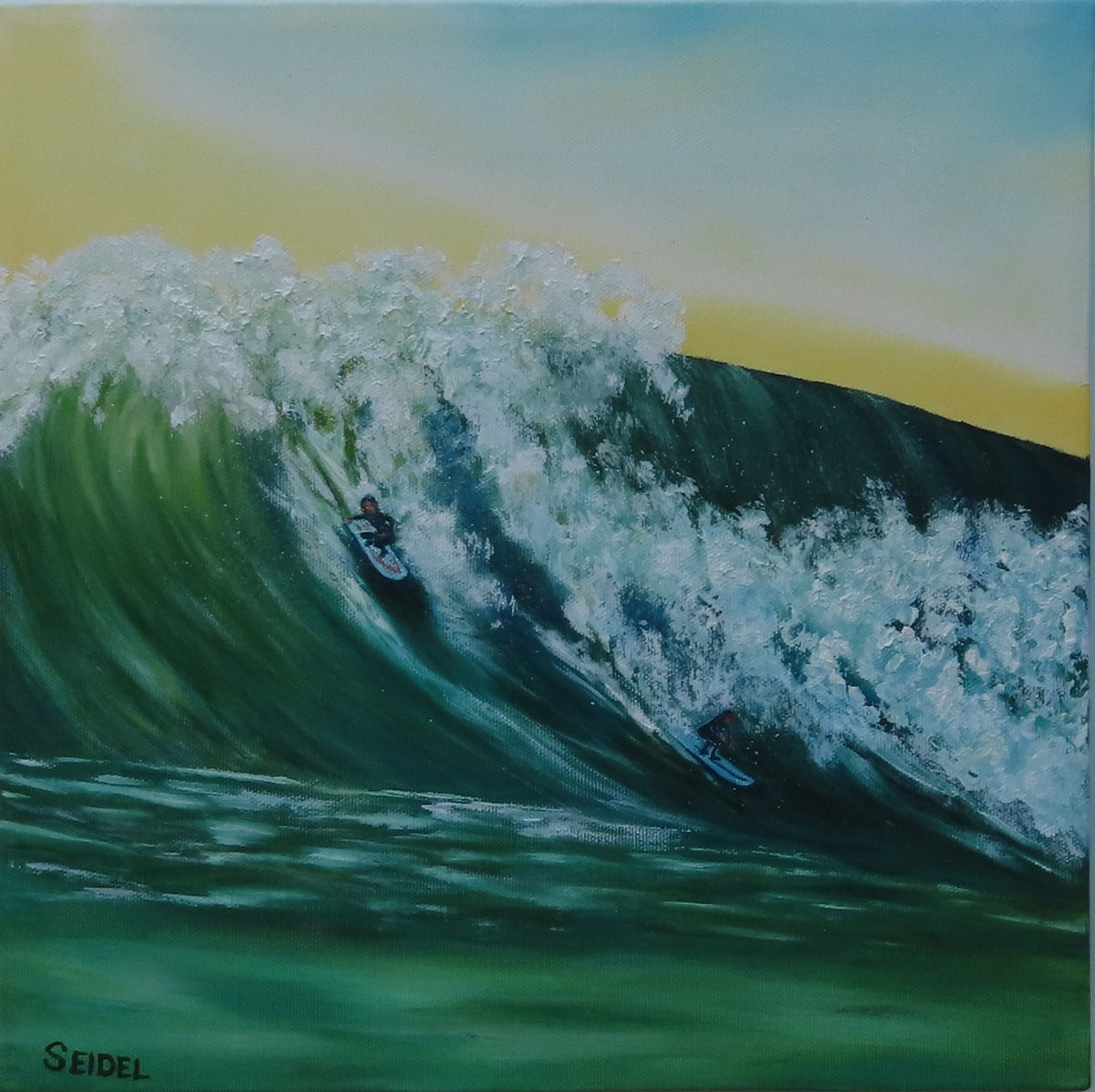 12x12" original oil painting, two surfers on large wave in Hawaii, unframed