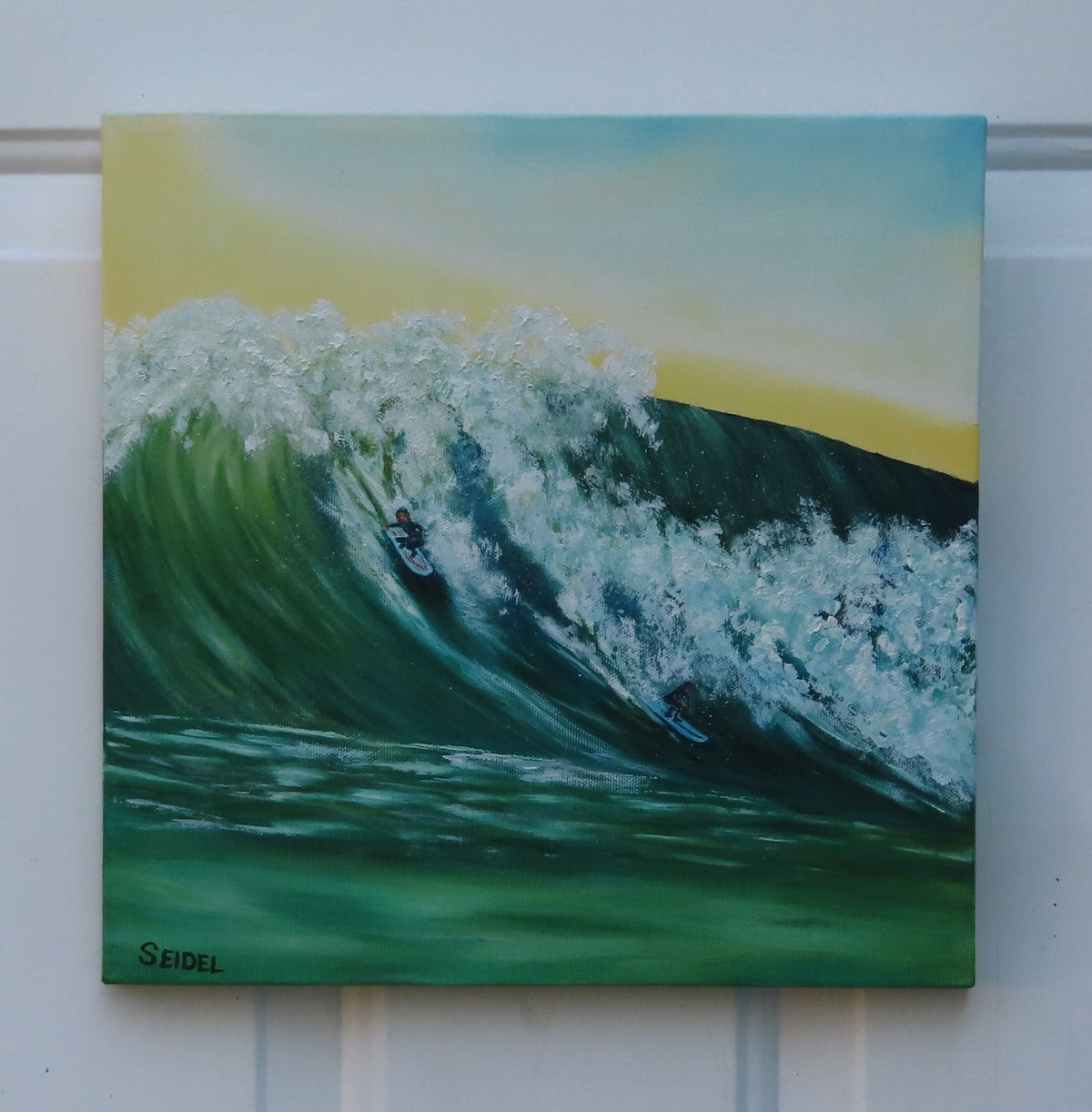 12x12" original oil painting, two surfers drop in on large wave in Hawaii, unframed