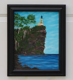 original oil painting, lighthouse on cliff, ocean, people heading to work, framed