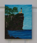 original oil painting, lighthouse on cliff, ocean, people heading to work, unframed