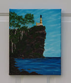 original oil painting, lighthouse on cliff, ocean, people heading to work, unframed