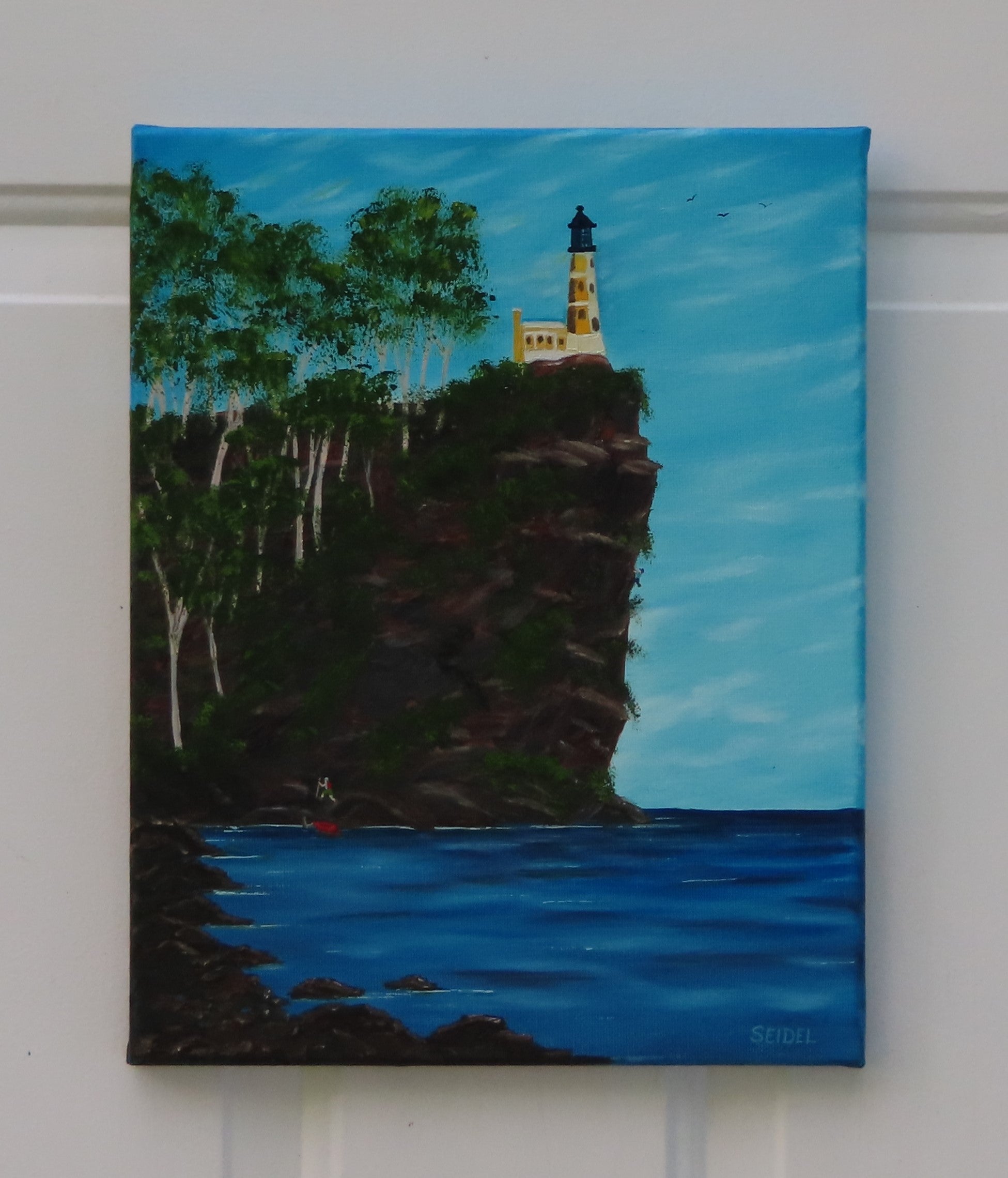 original oil painting, lighthouse on cliff, ocean, people heading to work, unframed