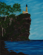 original oil painting, lighthouse on cliff, ocean, people heading to work, unframed