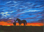 original oil painting, mare and foal in field at sunset, deep cradle canvas, unframed
