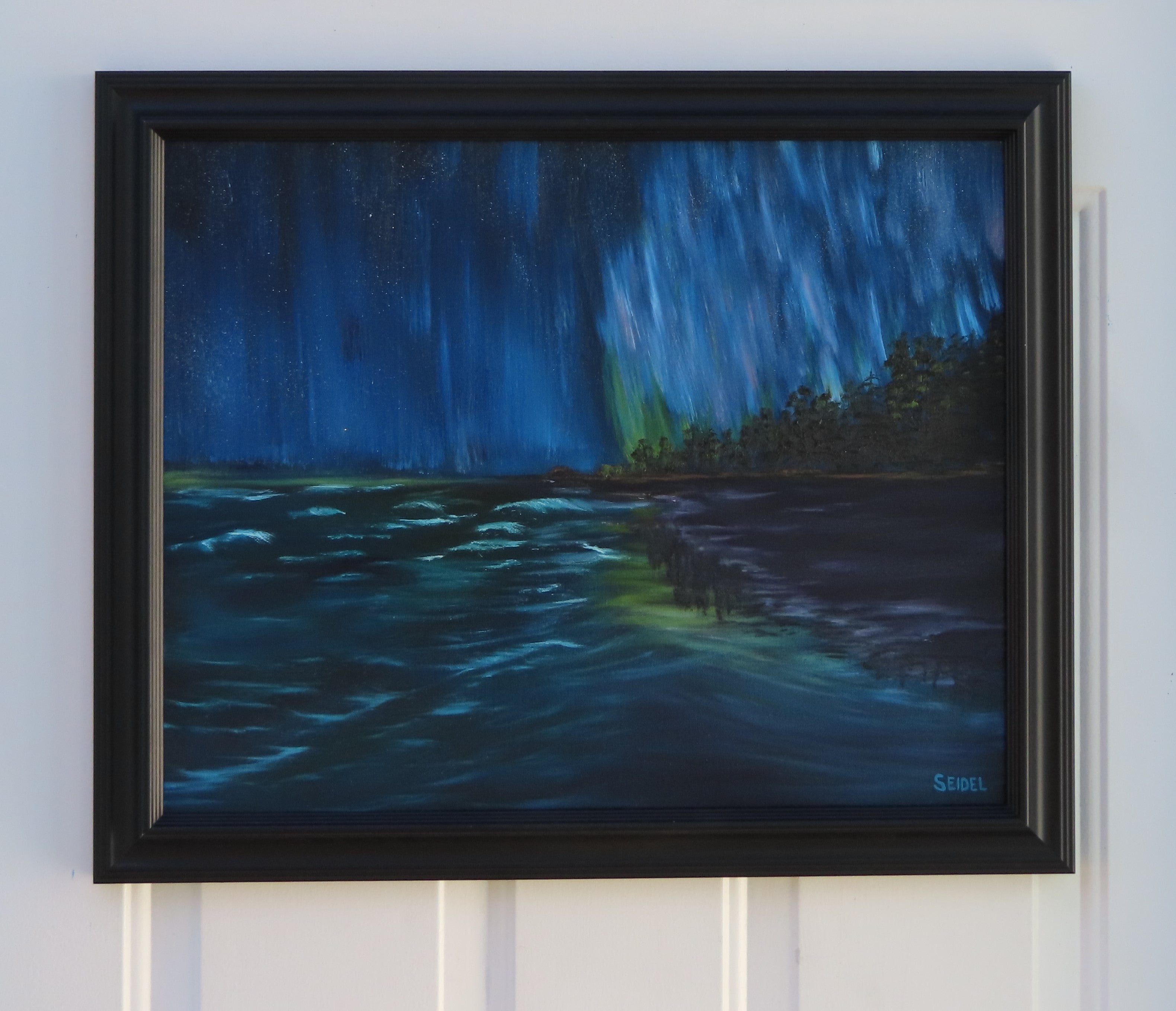16x20 original oil painting of a night scene of ocean and cascading auroras in sky, original oil painting, framed