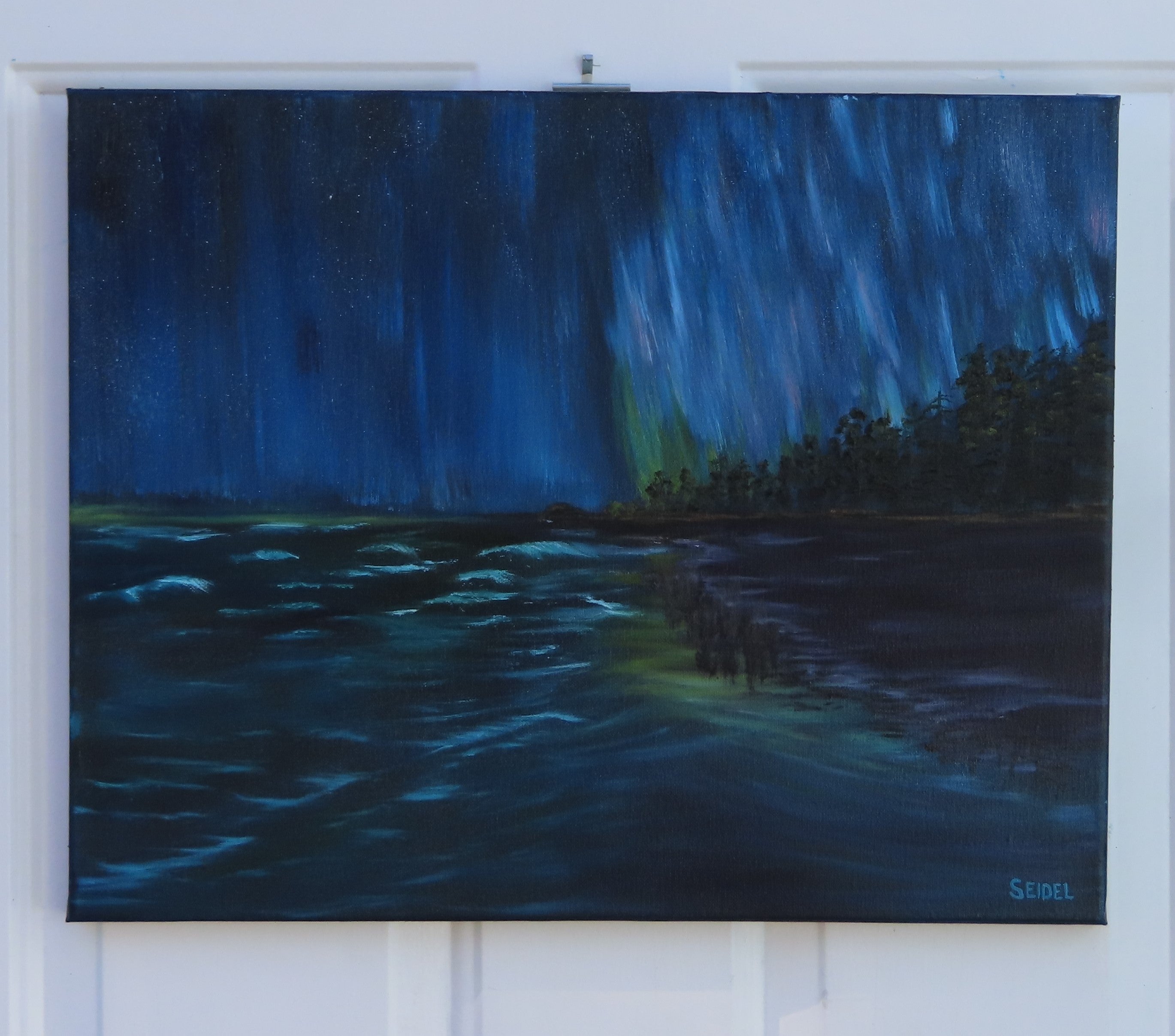 16x20 original oil painting of a night scene of ocean and cascading auroras in sky, original oil painting, unframed