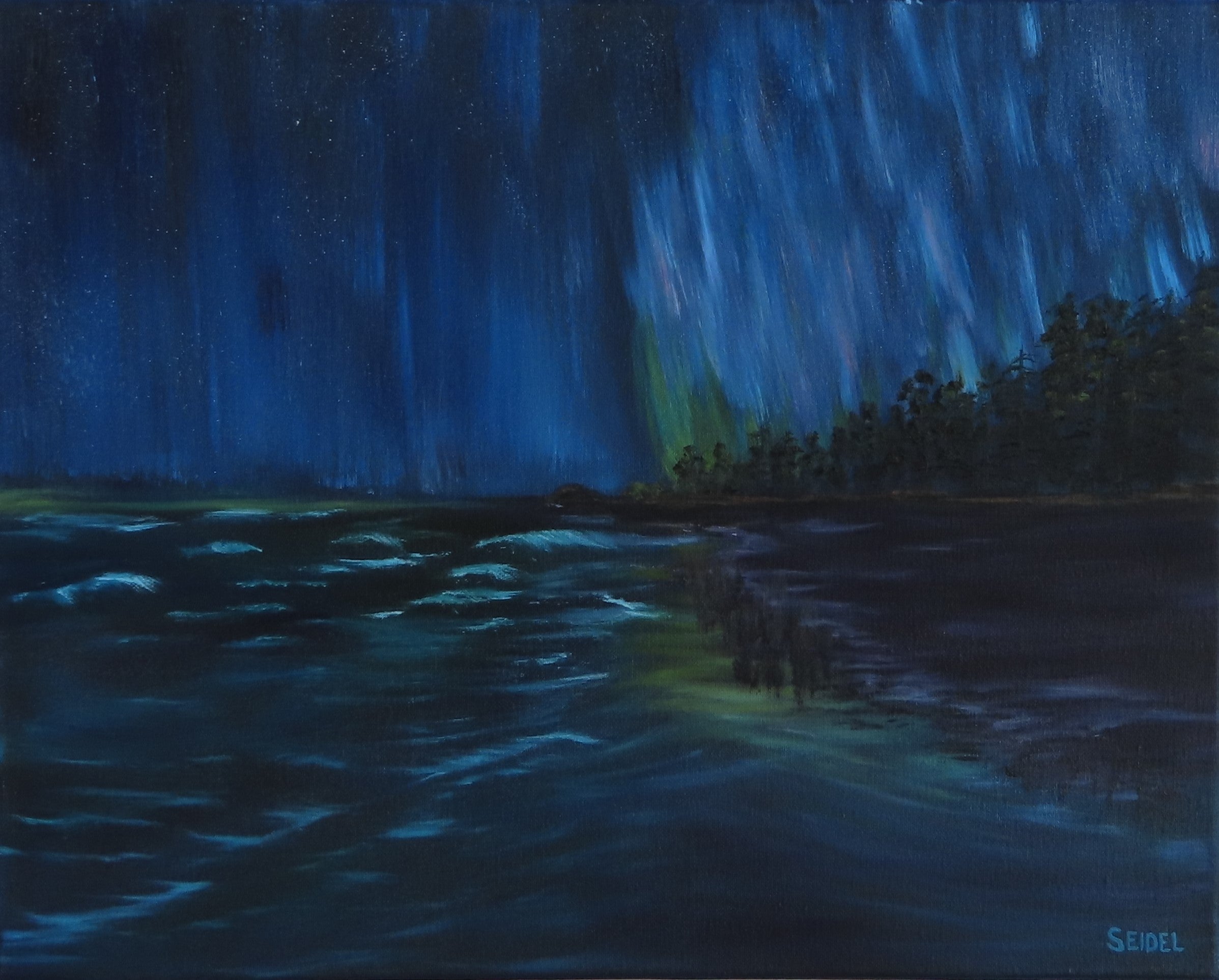 16x20 original oil painting of a night scene of ocean and cascading auroras in sky, original oil painting, unframed