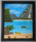 original oil painting of lovely blue water, beach and waterfall surrounding a cove with kayak, framed