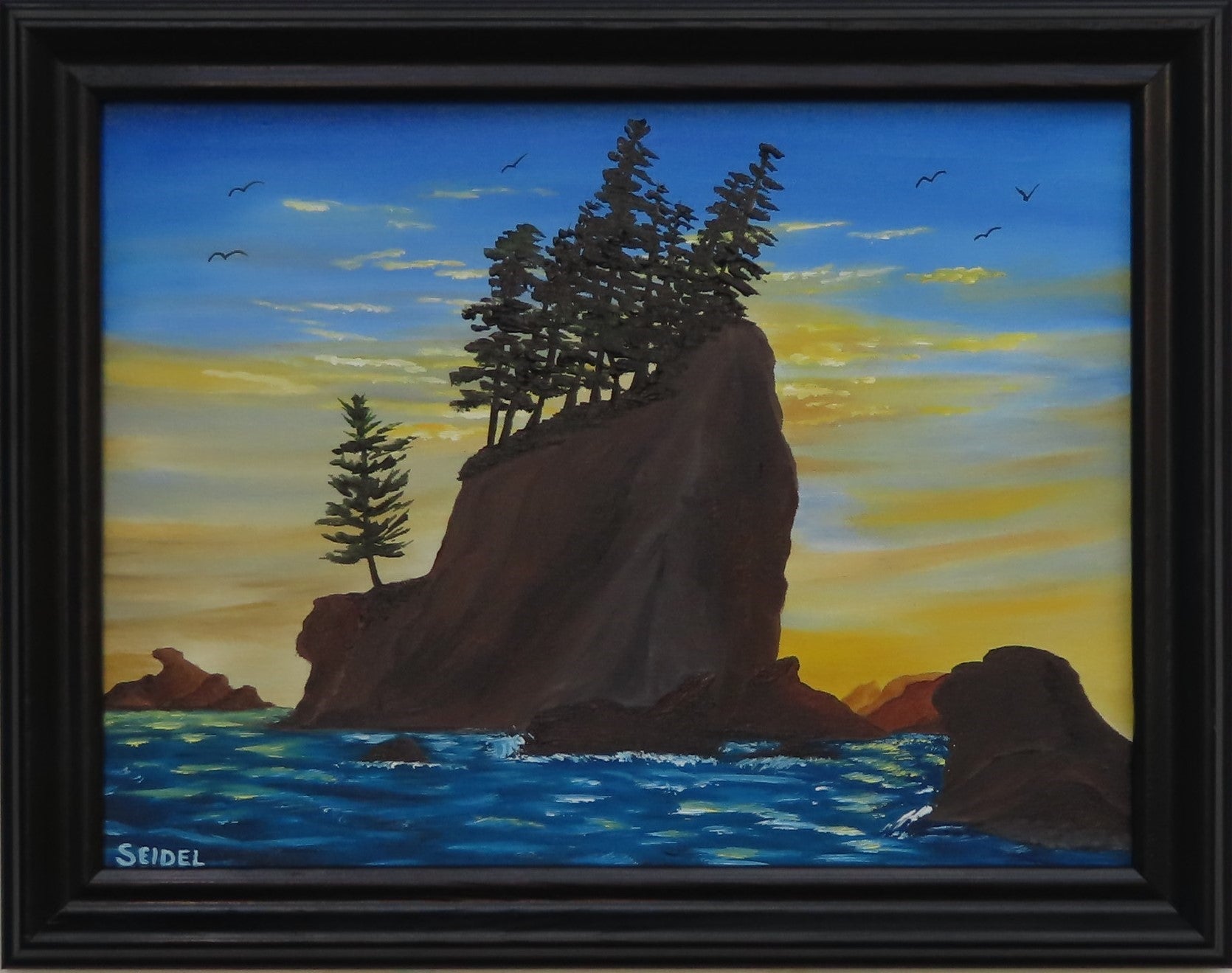 original oil painting, ocean, seastacks, evergreens, and lovely sunset, framed