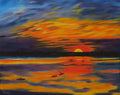 16x20 original oil painting, brilliant sunset, kayakers on water at last light, unframed