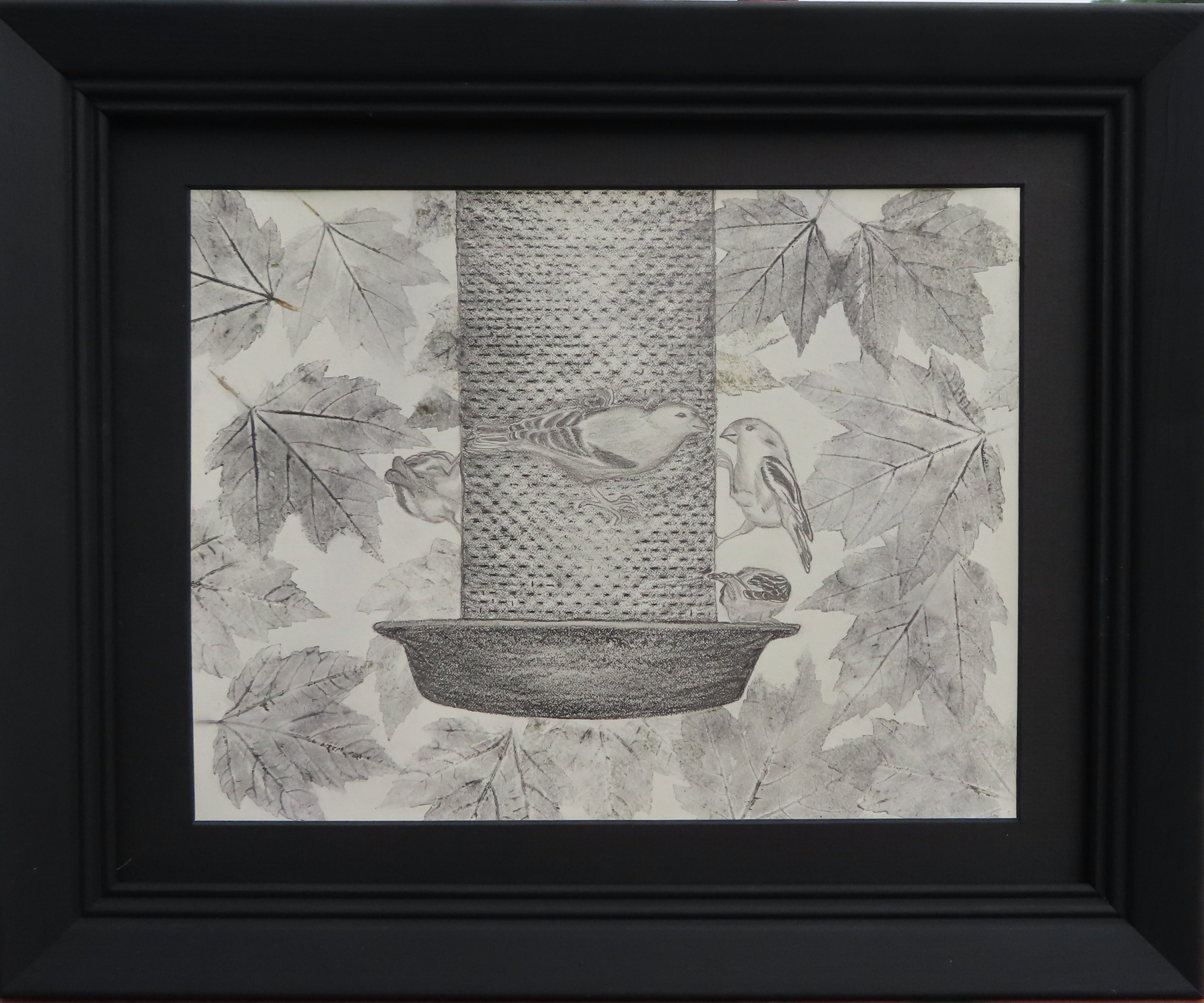 Meet at the Feeder graphite and charcoal drawing, black mat and frame