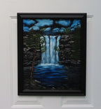16x20" original oil painting, clouds, waterfalls and pool , cliffs at night, framed