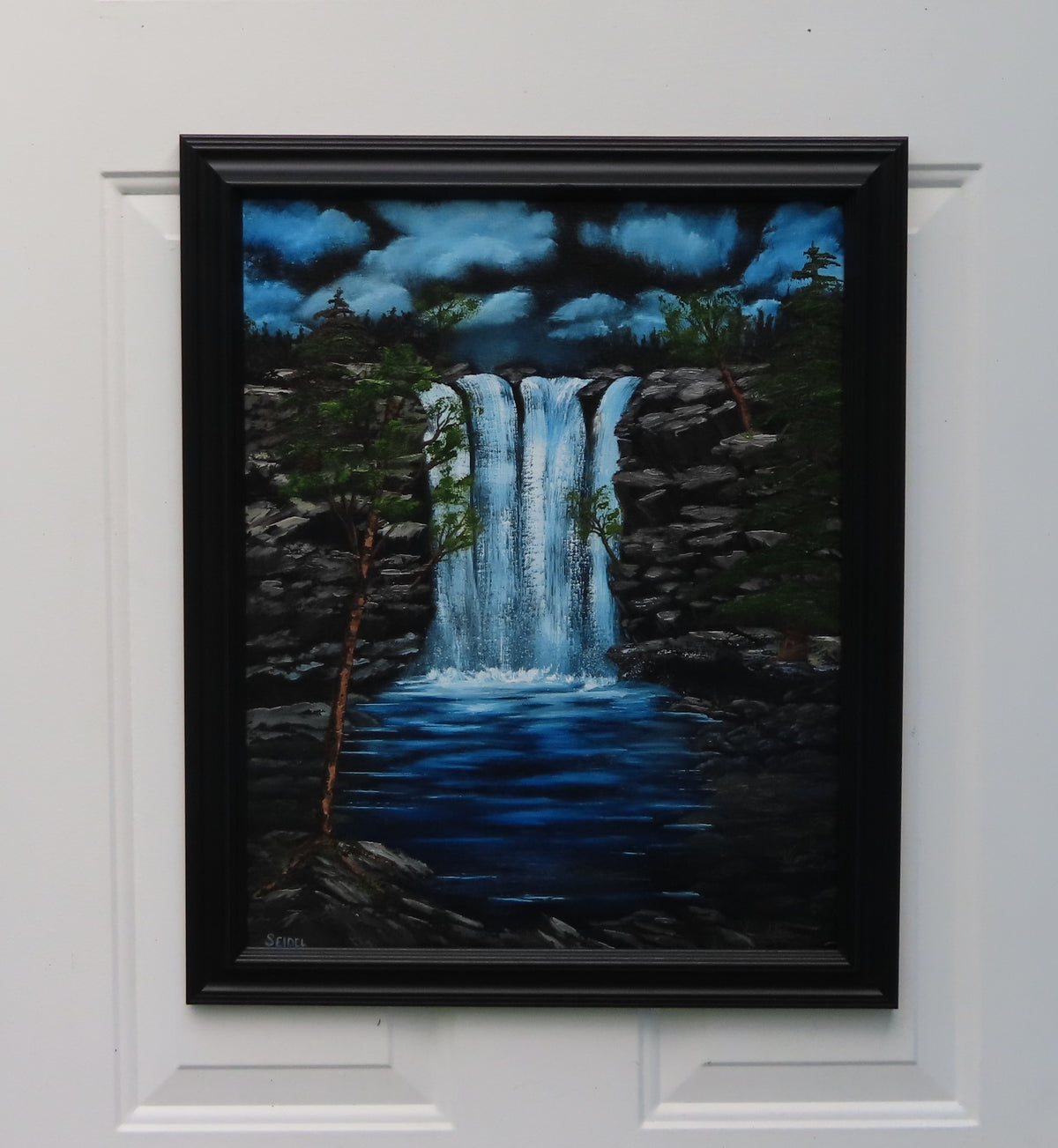 16x20" original oil painting, clouds, waterfalls and pool , cliffs at night, framed