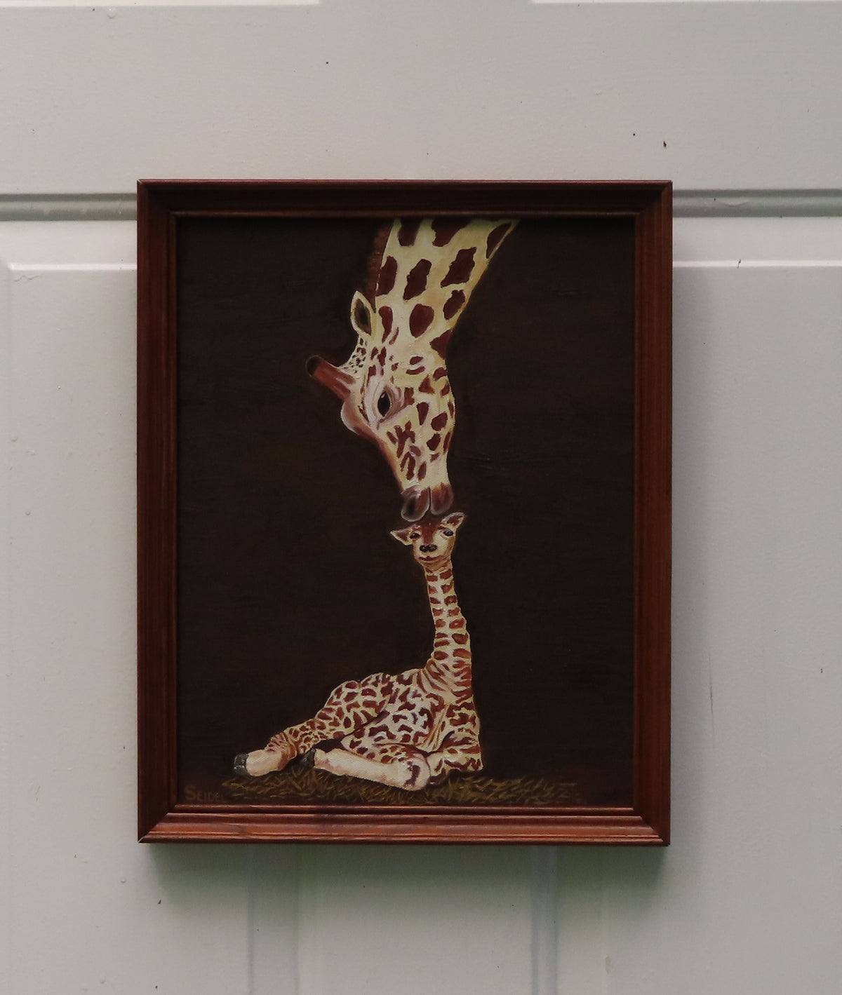 11x14" original oil painting, mother and baby giraffes, framed