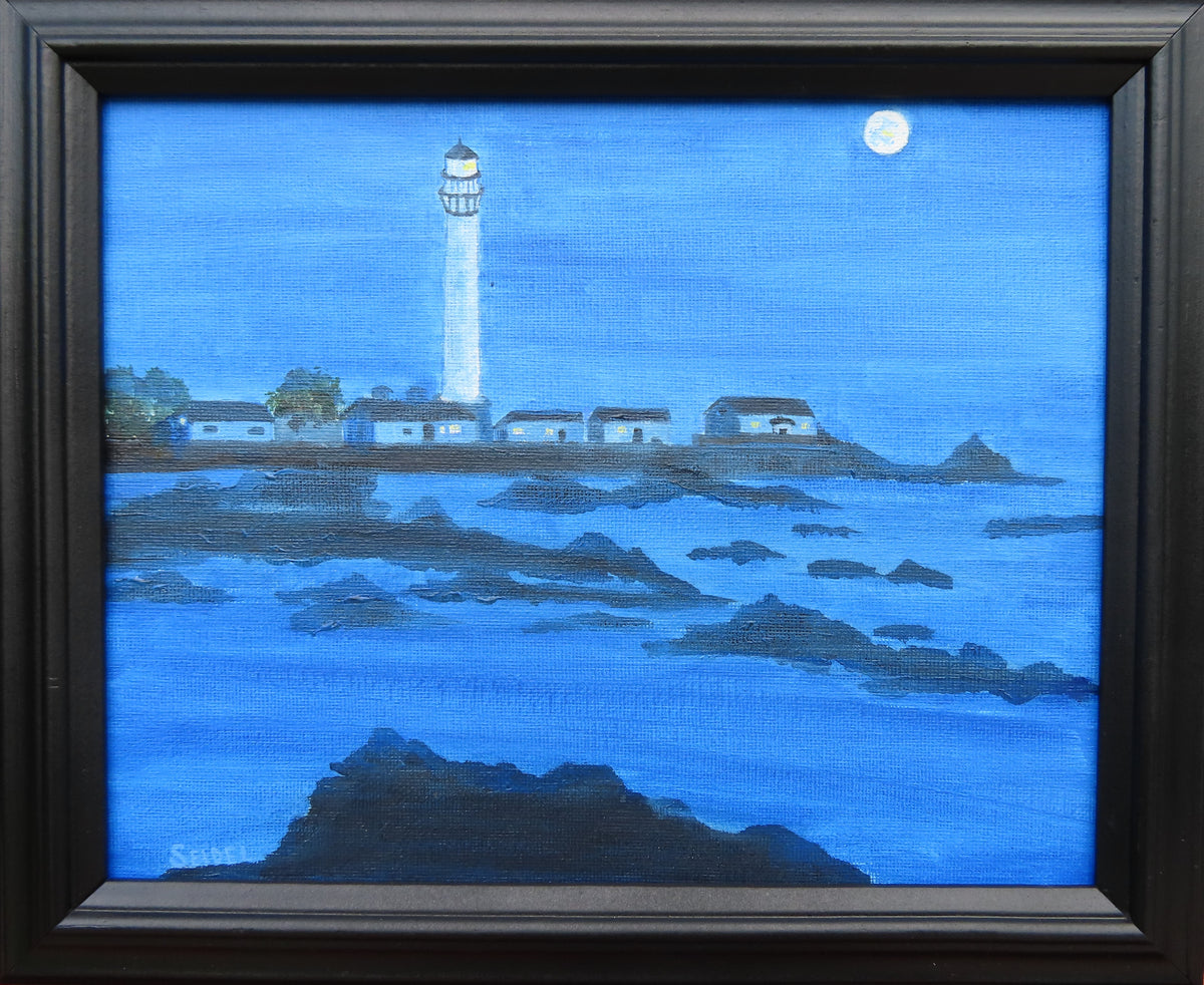 8x10" original acrylic painting, sea, rocks, lighthouse, moon, misty atmosphere, framed