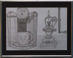 10x12" original graphite drawing of a modern Keurig coffee machine next to an old fashioned coffee grinder, shown on a dark background