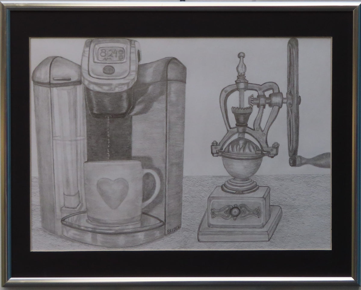 10x12" original graphite drawing of a modern Keurig coffee machine next to an old fashioned coffee grinder, shown on a dark background