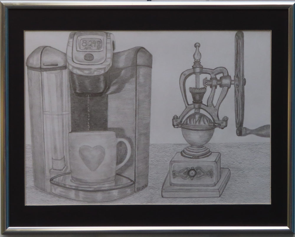 original graphite drawing, keurig, coffee grinder, framed