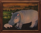 16x20 original oil painting of a momma hippo and calf, framed